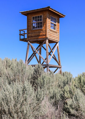 Guard tower above sage brush in Minidoka National Historic Site