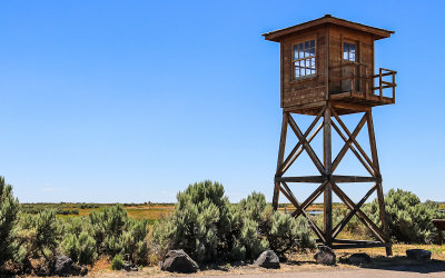 Guard tower overlooks the camp entrance in Minidoka National Historic Site