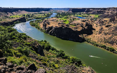 View of the Blue Lakes Country Club from the US 93 Highway Bridge along the Snake River