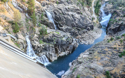 Water from the Hetch Hetchy Reservoir flows from the base of the OShaughnessy Dam in Yosemite National Park