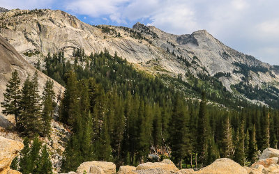 Granite mountain ridge with Tenaya Peak on the right along the Tioga Road in Yosemite National Park