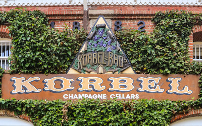 Sign on the museum and administrative office on the Korbel Champagne Cellars