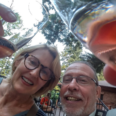 Beth and Jerry tasting free Korbel Champagne at the Korbel Champagne Cellars