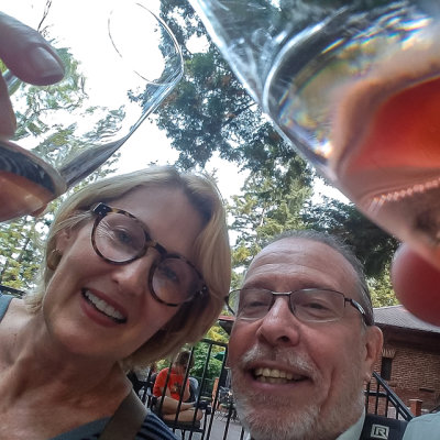 Beth and Jerry tasting free Korbel Champagne at the Korbel Champagne Cellars