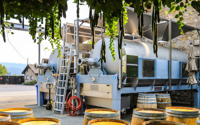 Destemmer-crusher and bladder press at the V. Sattui Winery in Napa Valley