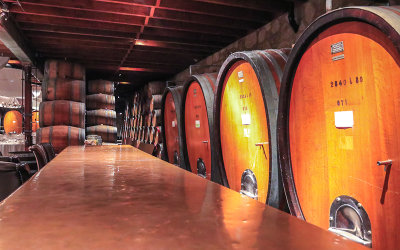 Wine casks in the cellar at the V. Sattui Winery in Napa Valley