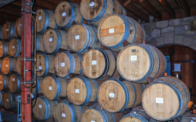 Stacked wine casks in the cellar at the V. Sattui Winery in Napa Valley