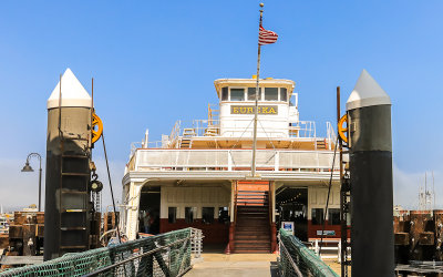 Head-on view of the Eureka side-wheeled ferry in San Francisco Maritime NHP