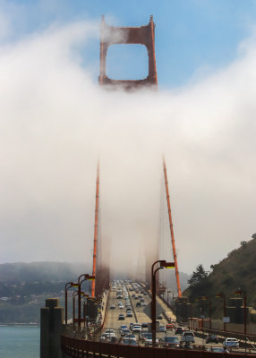 The Golden Gate Bridge in the fog in Golden Gate National Recreational Area