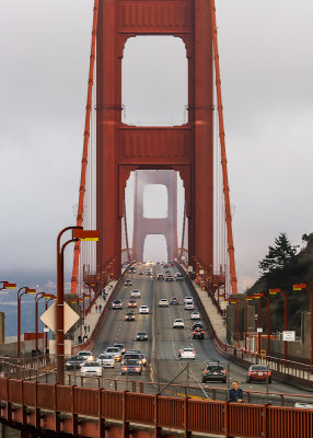 The Golden Gate Bridge in the fog in Golden Gate National Recreational Area