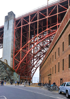 Fort Point scarp wall and the southern end of the of the Golden Gate Bridge in Fort Point National Historic Site