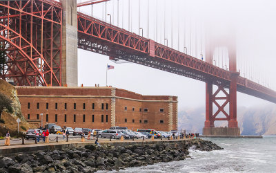 Fort Point in the fog under the Golden Gate Bridge in Fort Point National Historic Site