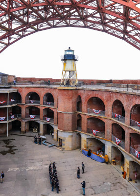 View of the lighthouse and parade ground from the barbette tier in Fort Point National Historic Site