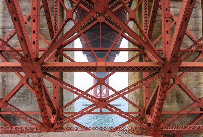 View north under the Golden Gate Bridge from the barbette tier in Fort Point National Historic Site