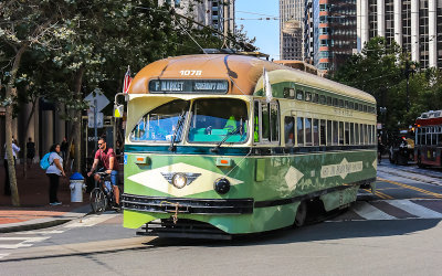 Cable bus turning off of Market Street in San Francisco