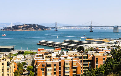 The San Francisco Oakland Bay Bridge from Coit Tower in San Francisco