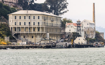 Building 64 barracks and the guard tower on Alcatraz Island
