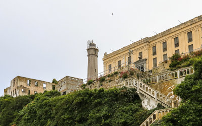 Looking up at the Wardens House, lighthouse and cellhouse on Alcatraz Island
