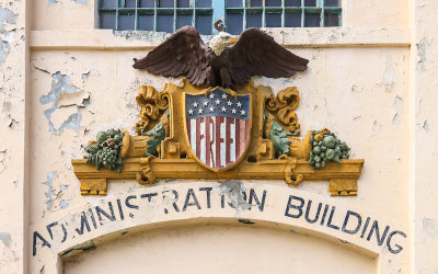 Administration building entrance with FREE added during the 1969 Indian Occupation on Alcatraz Island