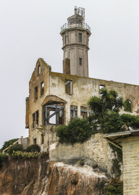 Ruins of the wardens house and the lighthouse on Alcatraz Island