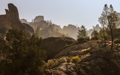 The High Peaks glow in early morning sunlight in Pinnacles National Park