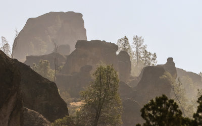 Sunlight bathes rock formations early in the morning in Pinnacles National Park