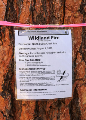 Wildland Fire Notice posted along the Kanawyers Trail in Kings Canyon National Park