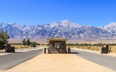 Entrance Sentry Post with the Sierra Mountain Range in the distance in Manzanar National Historic Site