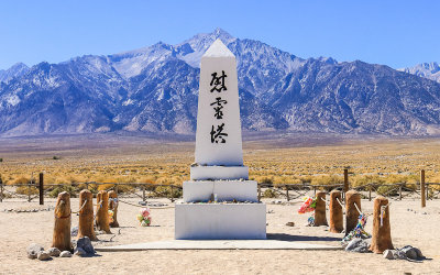 Cemetery Monument framed by the Sierra Mountain Range in Manzanar National Historic Site