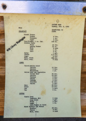 Block 14 Mess Hall menu for Sunday January 3, 1943 in Manzanar National Historic Site