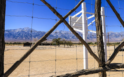 Basketball court in Block 14 with the Sierra Mountain Range in the distance in Manzanar National Historic Site