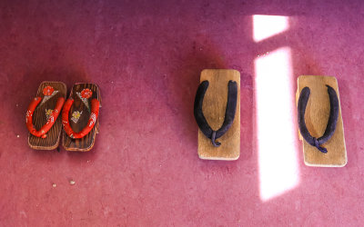 Sandals beside a bed in Manzanar National Historic Site