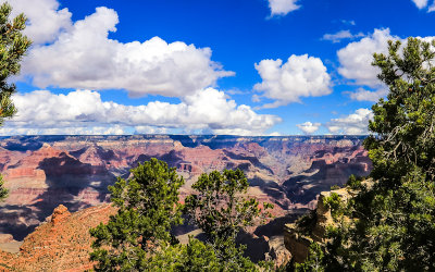 Wide view of the Grand Canyon from the Rim Trail along the South Rim in Grand Canyon NP
