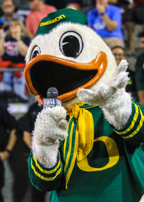 Oregon mascot The Oregon Duck acts as a sideline reporter