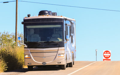 Fleetwood Discovery RV on the side of the road along Interstate 10 in Arizona