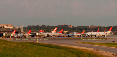 September 2007 - a large variety of Northwest Airlines aircraft at MSP at sunset