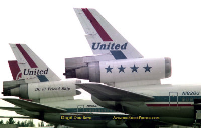 1976 - the difference in the tails of United Airlines DC10-10's N1816U and N1826U parked at Miami International Airport