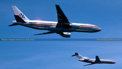 2002 - American B777-223/ER N797AN and B727-223Adv N864AA flying in formation airline aviation stock photo