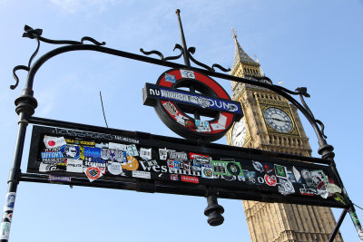  Walked away from Big Ben and went over the bridge (stickers, Tube sign, Big Ben).