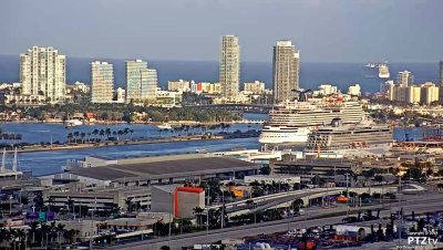 Viking Sky dwarfed by departing Carnival ship,  Jan. 2018 Port of Miami, PTZtv webcam