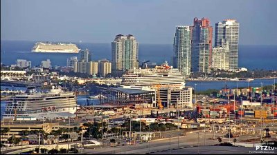 Viking Sky, Carnival Vista, Norwegian ship behind Miami Beach, from PTZ tv webcam