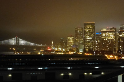 We ended up with serious delays and an unplanned overnight on the ship. Here's downtown & the lighted Bay Bridge from the ship. 