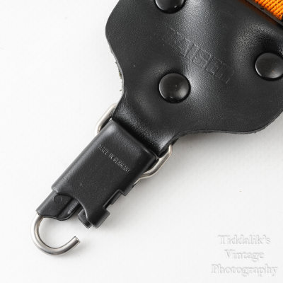 07 Vintage Kaiser Wide Camera Strap Orange and Black Strip with Locking Strap Lugs.jpg