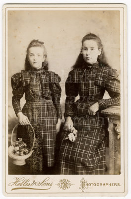 01 2 Young Girls Sisters (-) with Matching Dresses Victorian Edwardian Cabinet Card.jpg
