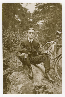 02 2 RPPC Photo Postcards Edwardian Man with his Bicycle - 1 Postmarked.jpg