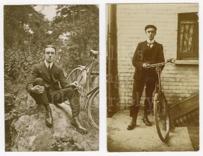 01 2 RPPC Photo Postcards Edwardian Man with his Bicycle - 1 Postmarked.jpg
