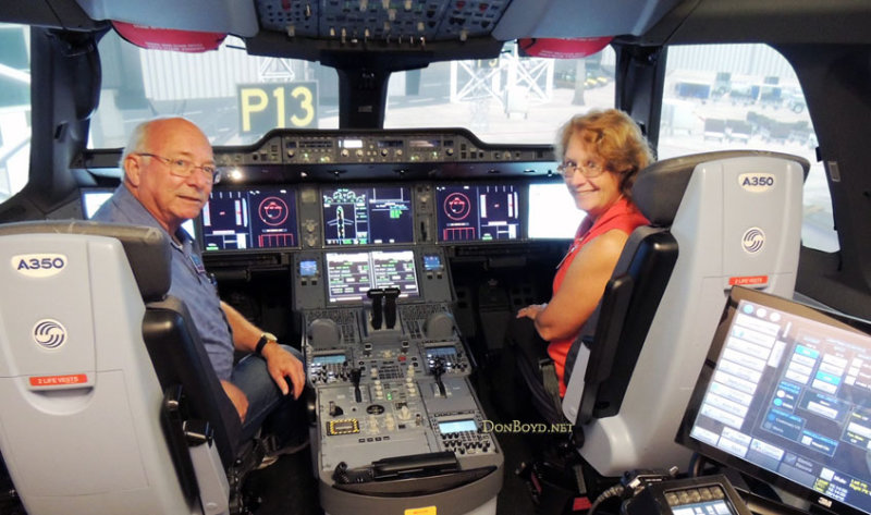 August 2016 - lifelong friends Eric D. Olson and Lynda Atkins Kyse in Airbus A350-900XWB flight simulator