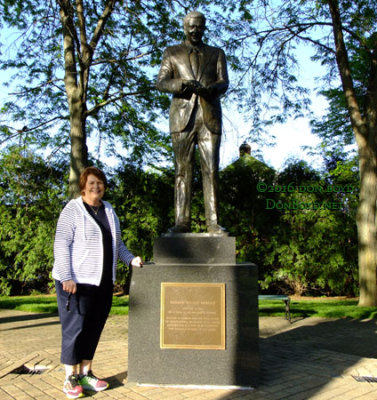 May 2016 - Karen with a statue of President Ronald W. Reagan in the park next to his boyhood home in Dixon, Illinois