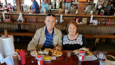 May 2017 - Don and Karen Boyd about to dine on pulled pork meals at the original Shorty's BBQ on South Dixie