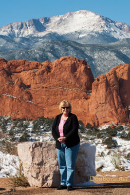 October 2007 - Karen Criswell Boyd with Garden of the Gods and Pikes Peak in the background